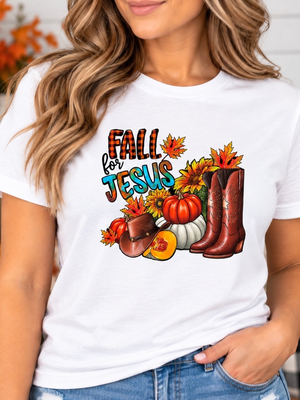 Gildan White 'Fall for Jesus' Graphic Tee with Autumn Boots & Pumpkins